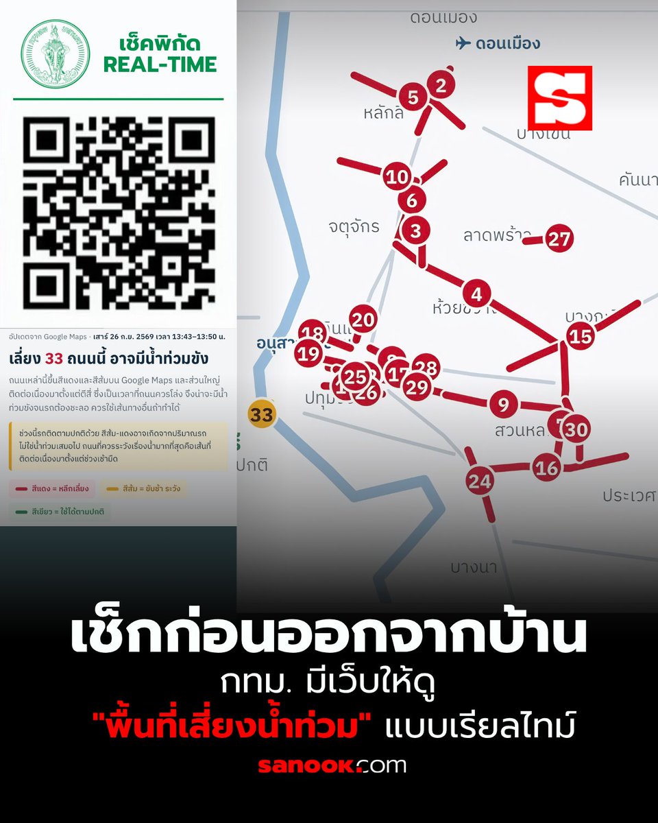 Sanook's tweet photo. 🌧️ ฝนตกหนักแบบนี้ เช็กก่อนออกจากบ้าน! กทม. มีเว็บให้ตรวจสอบพื้นที่เสี่ยงน้ำท่วม

ใครกำลังจะเดินทางในกรุงเทพฯ ช่วงนี้ ก่อนออกจากบ้านลองเช็กสถานการณ์น้ำและเส้นทางกันสักนิด เพราะ กทม. มีระบบออนไลน์ให้ติดตามข้อมูลน้ำท่วมและพื้นที่เสี่ยงผ่านแผนที่

📍 1. Flood Alert
ระบบแจ้งเตือนสถานการณ์น้ำท่วมของ กทม. ใช้สำหรับตรวจสอบพื้นที่และจุดที่มีความเสี่ยง
👉 https://t.co/WWZOlPjzCx

🚨 2. ระบบตรวจวัดน้ำท่วมถนน กทม.
เช็กสถานการณ์น้ำบนถนนตามจุดต่าง ๆ รวมถึงข้อมูลระดับน้ำและภาพจากกล้อง CCTV
👉 https://t.co/nrQEyPG6k6

🌧️ 3. BKK Nowcast
ติดตามข้อมูลฝนและสถานการณ์น้ำผ่านแผนที่ เพื่อใช้ประกอบการวางแผนเดินทาง
👉 https://t.co/ZnbzAXy27G

📌 เซฟไว้เช็กก่อนออกจากบ้าน! โดยเฉพาะช่วงฝนตกหนัก หากเส้นทางไหนมีน้ำท่วมหรือมีความเสี่ยง ควรเผื่อเวลาและพิจารณาเปลี่ยนเส้นทาง

#น้ำท่วม #ฝนตกหนัก #กรุงเทพ #เช็กน้ำท่วม #sanook