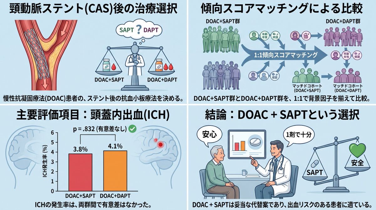YNMSiFVLnNqoSMe's tweet photo. 頸動脈ステント留置術(CAS)後、抗凝固療法を要する症例の抗血栓療法⚖️
DOAC+SAPTとDOAC+DAPTを比較💊
頭蓋内出血や新規脳虚血、出血の発生率に差なし🩸
三剤併用の出血リスクを考慮するとDOAC+SAPTは合理的💊
Neurosurgery, 2026
#CAS(頚動脈ステント) #DOAC #SAPT #DAPT https://t.co/bNIrUT0eI8