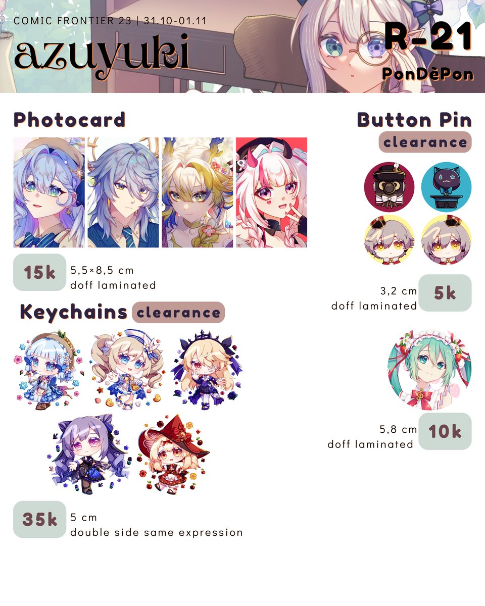 hikage_chiaki's tweet photo. [💙 &amp; 🔁] appreciated~

Hi hello~! Here's my catalogue for #CF23 🌟
PO only for paper-based merch until 3 Oct, link in rep!

✨Genshin, Star Rail; also few of other
📍R-21 (PonDéPon) Day 1 &amp; 2
🛒OTS pick-up only

Thank you~

#comifuro23 #comifuro23catalogue https://t.co/viier3DJgL