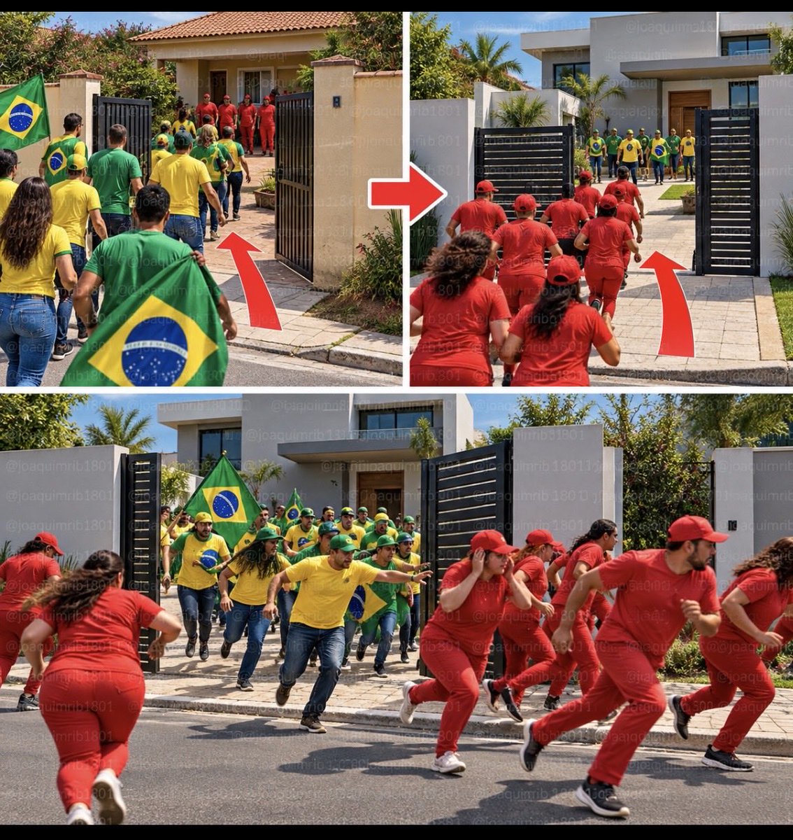 joaquimrib1801's tweet photo. Foi literalmente acordar assustado na madrugada. Essa noite, tive um sonho que foi uma grande confusão. Vou tentar mostrar, com a ajuda da IA, mais ou menos o que aconteceu.

Um grupo de pessoas corria em direção a uma casa. Havia outras pessoas no quintal. O grupo que vinha da rua atravessava o portão, entrava e tomava conta do lugar, dominando quem já estava ali.

Quando parecia que tudo estava sob controle, chegava mais gente ligada aos antigos ocupantes. Esse segundo grupo entrava na casa, tentando retomá-la. Por um momento, achei que conseguiria. Mas o primeiro grupo reagia e colocava todos para correr: tanto os recém-chegados quanto as pessoas que já estavam lá.

Foi rápido tentar transformar o sonho nesta ilustração. Vivê-lo foi bem diferente. Tudo foi tão intenso, confuso e cansativo que acordei assustado, como se tivesse participado de toda aquela bagunça.
