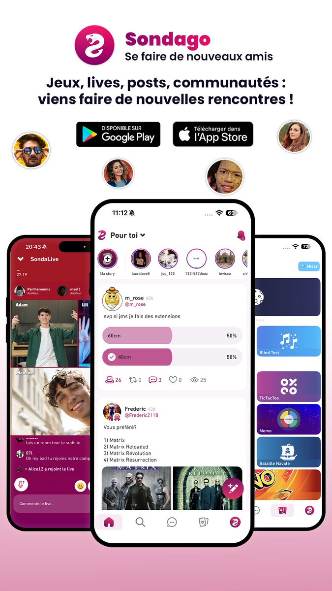 Sondago_appli's tweet photo. 💬 Discute, rencontre de nouvelles personnes et crée des liens sur Sondago ! 🔥

🎥 Rejoins des lives
🗳️ Crée et réponds à des sondages
📸 Publie des posts
💬 Discute avec la communauté
🤝 Fais de nouvelles rencontres

📲 https://t.co/0TMrvZE0jx

#Sondago #ReseauSocial #amis https://t.co/MugZG5ClBP