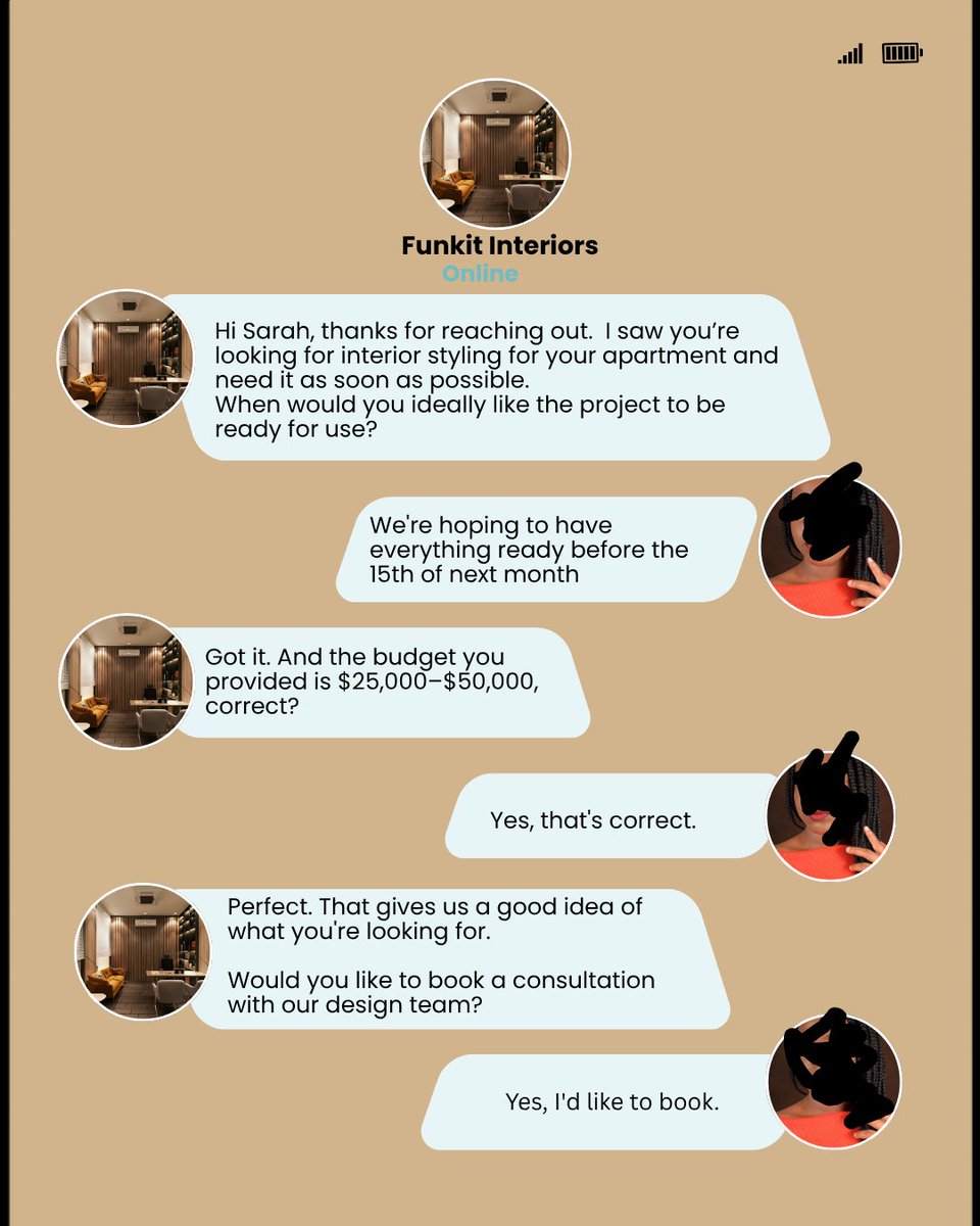 Desire860943's tweet photo. I didn't want automation to handle every part of the process.

So I built the human handoff first, then connected it to the qualification workflow.

🧵
Funkit Interiors - Demo project https://t.co/HCE939rMFe