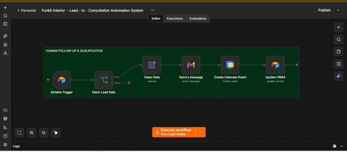 Desire860943's tweet photo. I didn't want automation to handle every part of the process.

So I built the human handoff first, then connected it to the qualification workflow.

🧵
Funkit Interiors - Demo project https://t.co/HCE939rMFe