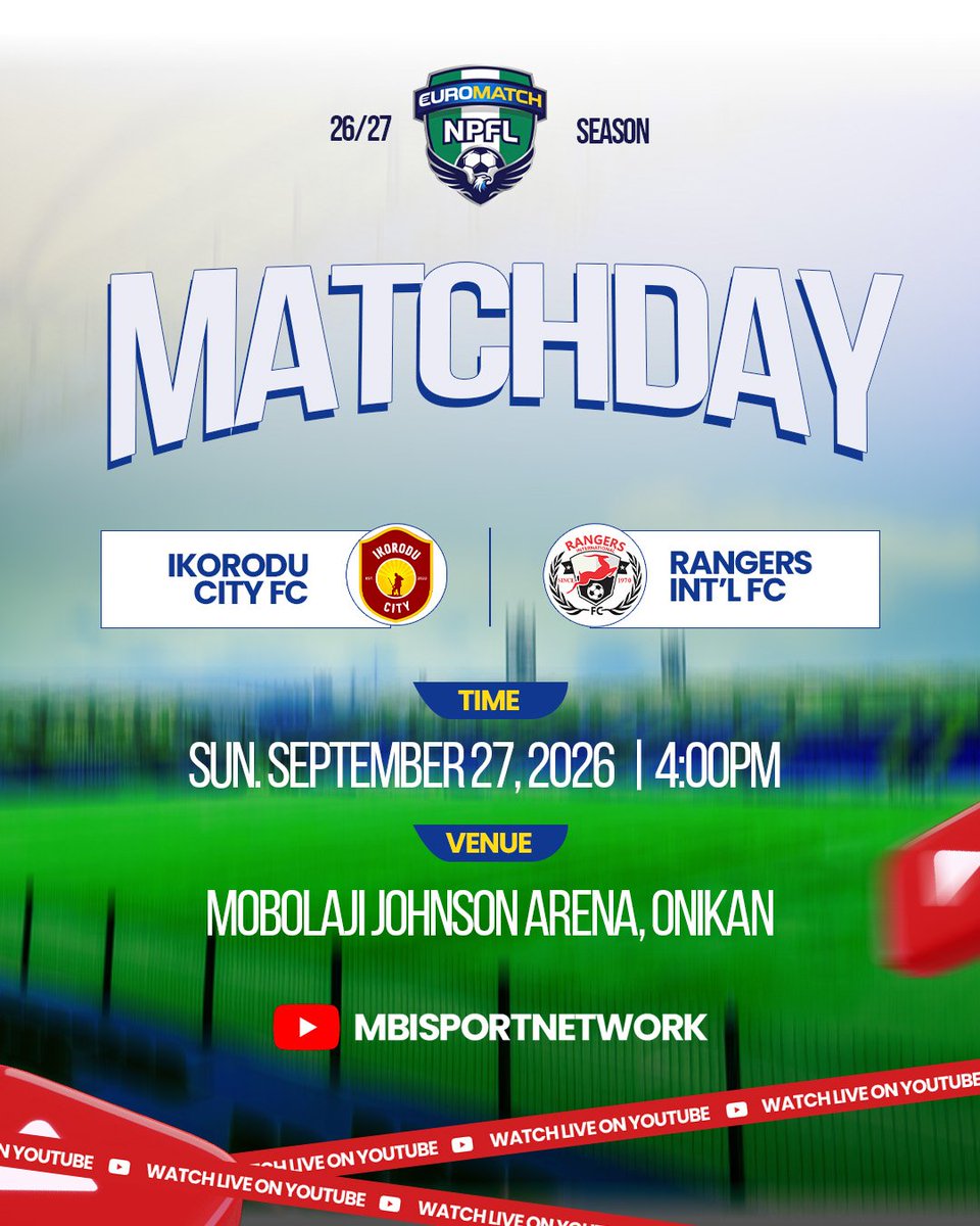 _MBISport's tweet photo. It's a repeat 🔁 of matchday 38 of the 2025/2026 season, when Rangers won the league in Lagos in front of Ikorodu City fans. 

Watch the game live on YouTube https://t.co/4gABc6pWoh