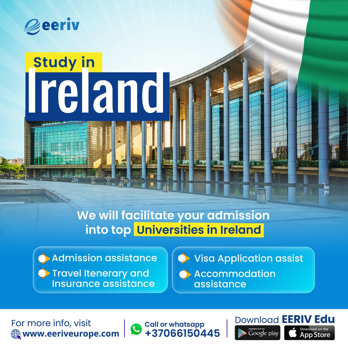 Eeriveurope's tweet photo. 📚Study in Ireland 🇮🇪
Tech jobs + 2-year work visa! 💻
Why Ireland?
✅ Home to Google, Apple, Facebook
✅ English-speaking EU
✅ Friendly culture
📲Download the EERIV Edu app ( https://t.co/DAu9scRCCQ )
#Ireland #TechJobs #eeriveurope #studyinireland https://t.co/zaYzDliYag