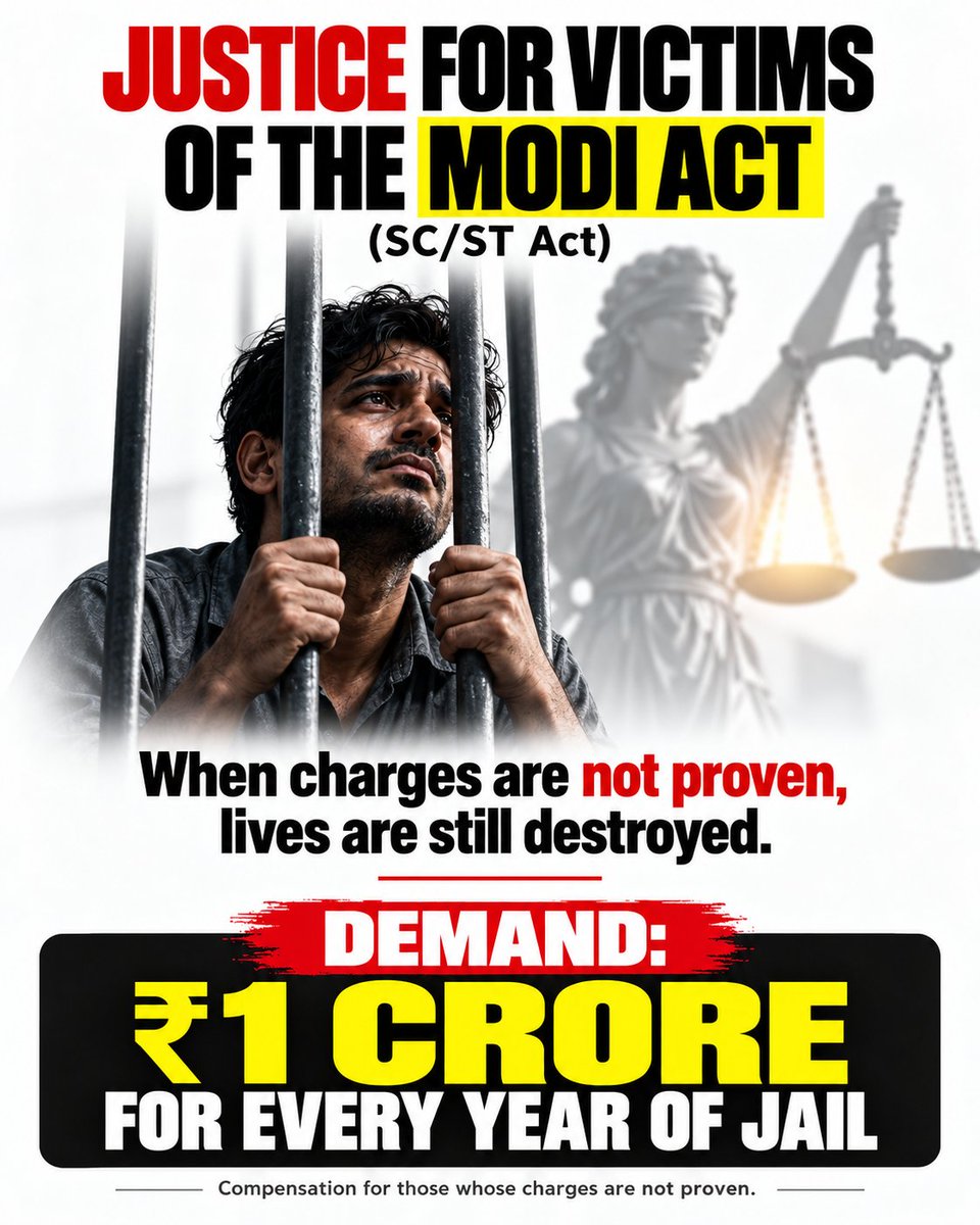 iprabhat_'s tweet photo. Modi Act (SC/ST Act): Our demand is ₹1 crore compensation for every year a person spends in jail when the charges against them are not proven.

Years of freedom, employment and income can be lost during that time

Our protest will continue until this demand is addressed

cc: @ajeetbharti @Sanjay_Dixit