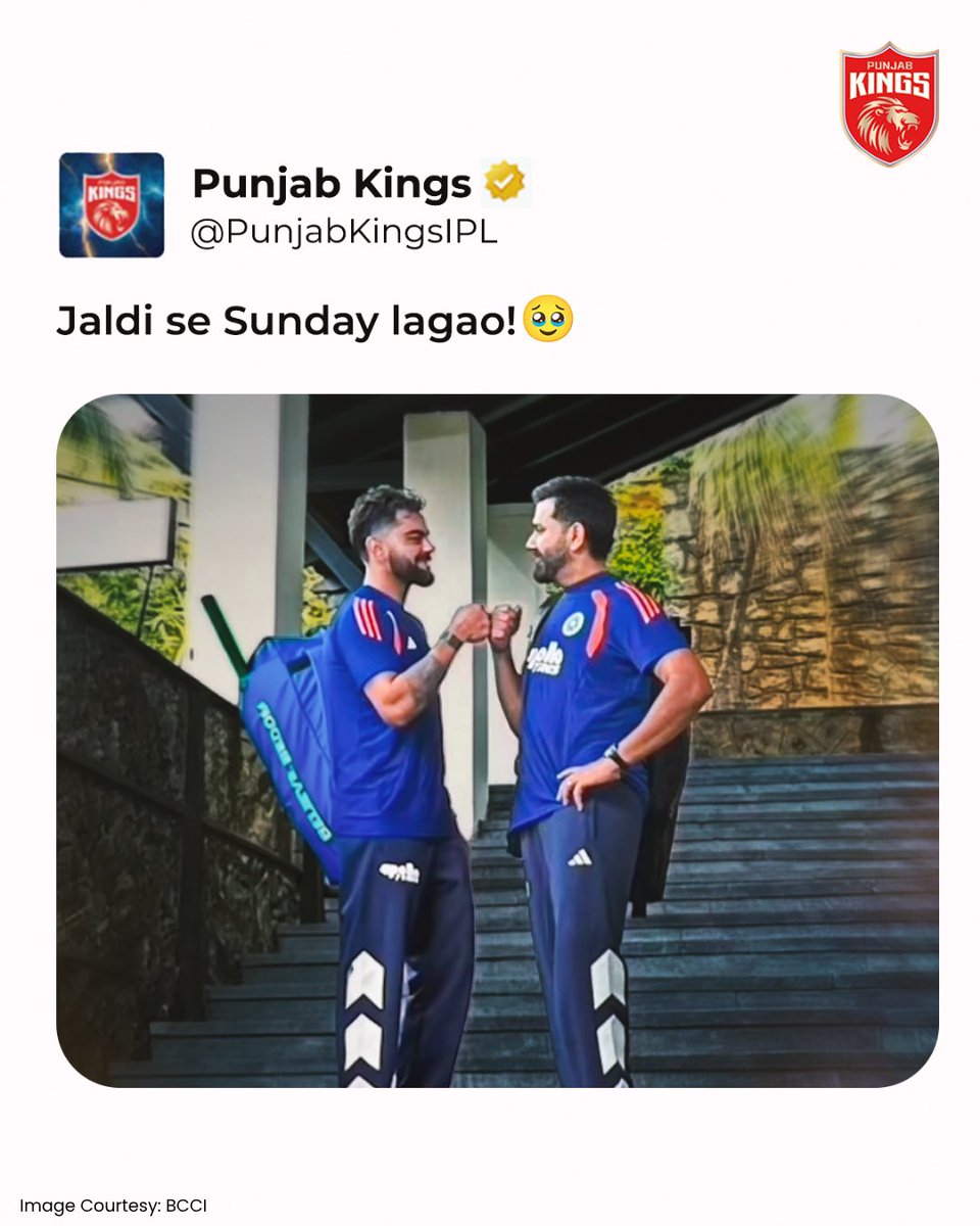 PunjabKingsIPL's tweet photo. 𝐒𝐮𝐧𝐝𝐚𝐲 🤝 𝐑𝐎-𝐊𝐎 ➡️ 𝐌𝐚𝐣𝐣𝐚 𝐍𝐢 𝐋𝐢𝐟𝐞! 🫶 https://t.co/D8HuMheuTW