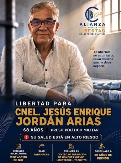 tiafatimasaleh's tweet photo. JESÚS ENRIQUE JORDÁN ARIAS
Cnel.

A sus 68 años, diabético y con la salud en alto riesgo, el Cnel. Jordán Arias permanece preso en Tocuyito.

Estaba en libertad bajo medida cautelar desde 2017. El 18 de diciembre de 2025 le revocaron la medida de madrugada y al día siguiente lo condenaron a 30 años por el caso Paramacay, sin debido proceso.

La apelación sigue sin respuesta. La Corte de Carabobo ya venció el plazo y aún no se pronuncia.

Exigimos atención médica urgente y su libertad inmediata.

#LibertadParaElCrnelJordan
#LibertadParaLosPresosPoliticos 
#CasoParamacay
#DDHH