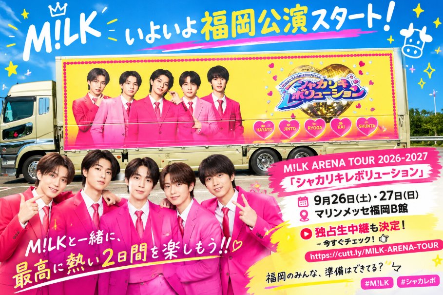 milk_info57's tweet photo. いよいよ福岡公演スタート

M!LK ARENA TOUR 2026-2027
「シャカリキレボリューション」

9月26日(土)・27日(日)
 マリンメッセ福岡B館
 独占生中継も決定！
 今すぐチェック！

https://t.co/CTcYbeqiAp

福岡のみんな、準備はできてる？
M!LKと一緒に、最高に熱い2日間を楽しもう

#M!LK #シャカレボ https://t.co/xkeuB8RQth