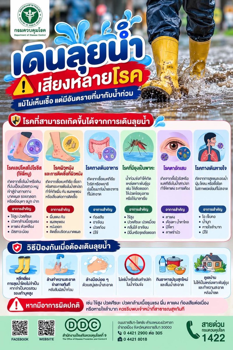 ddc_riskcom's tweet photo. 💙🌧️ ทุกก้าวที่ลุยน้ำ เราอยากให้คุณปลอดภัย
น้ำท่วมไม่ได้มีแค่ความเปียกชื้น แต่อาจมี เชื้อโรค สิ่งสกปรก และอันตรายที่มองไม่เห็น หากจำเป็นต้องลุยน้ำ ควรสวมรองเท้าบูต หลีกเลี่ยงการเดินเท้าเปล่า และรีบล้างทำความสะอาดร่างกายหลังสัมผัสน้ำ 
#น้ำท่วม #ฝนตก #อุทกภัย
#กรมควบคุมโรค https://t.co/trpiyrJi4d