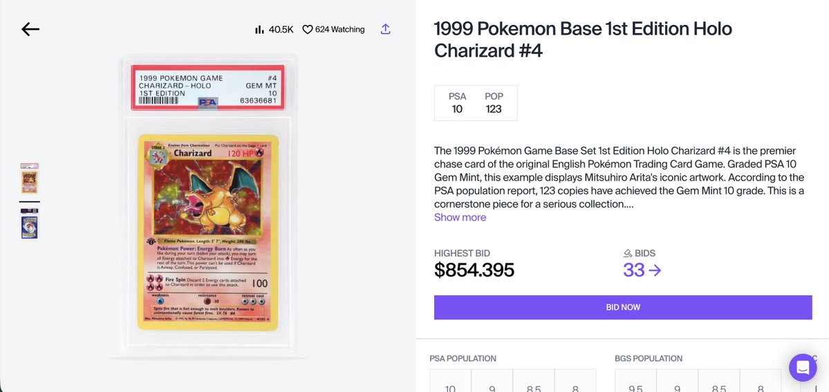 sjdedic's tweet photo. Look at this beautiful 1st edition Charizard and let this sink in:

Whatever the winning bid ends up being, the buyer pays an additional 20% fee on top of it to the platform.

At the current bid, that's $170,879. It'll likely end up being more than $200,000.

Why would you burn 6-figures like this, when you could just use @Collector_Crypt or @Beezie instead?

This is one of those rare crypto rails use cases where we'll look back in a few years and just laugh at how absurd things used to be. Same way we'll laugh at not having instant settlement for overseas payments, or markets that close on weekends.

It's time to stop extracting collectors and start giving them the experience they deserve.