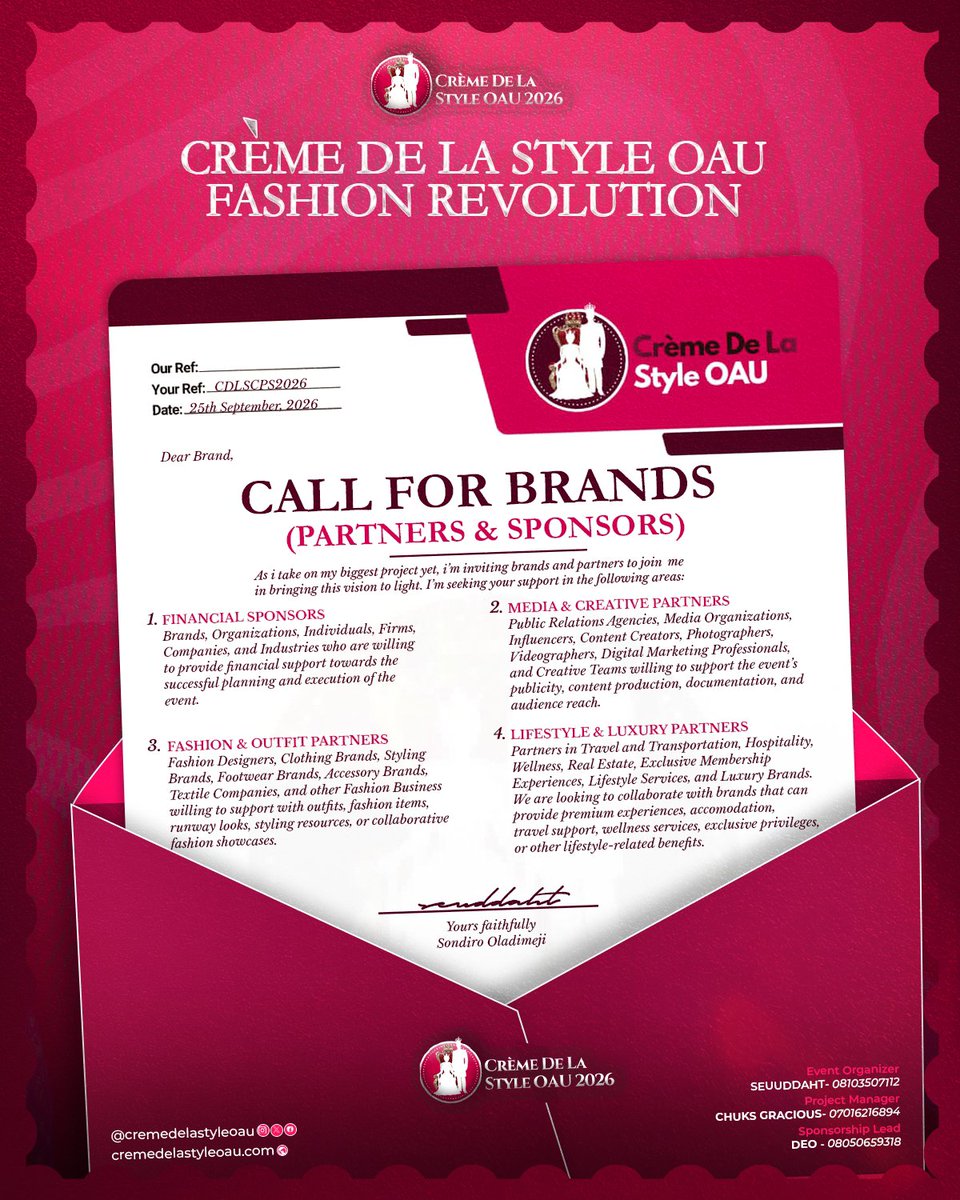 SEUDDAHT_IRL's tweet photo. 🔥🔥 BREAKING NEWS, GREAT IFE!🔥🔥

We are gradually opening the door CRÈME DE LA STYLE OAU: THE FASHION REVOLUTION. And we are calling on BRANDS, SPONSORS, and VISIONARIES who want to be part of what we’re building https://t.co/URbiamFADY