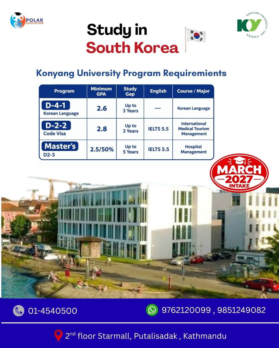 PolarEducation's tweet photo. We university
D2-2 , D2-3 &amp; D4 Visa …

Polar Education 
📍Location : 2nd floor,Starmall, Putalisadak , Kathmandu
📞Phone no : 01-4540500
📱Mobile no : 9762120099 , 9851249082 

#studyinsouthkorea #d2&amp;d4visa #mastersvisa #konyanguniversity #polareducationconsultancy https://t.co/oNkfBJIPpJ
