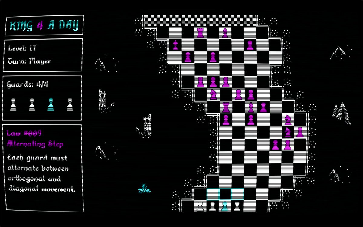 StelexSoftware's tweet photo. We’ve been working on a tiny prototype. KING 4 A DAY: a chess-inspired #roguelike with #procedural levels and #2bit #EGA graphics. 4 pawns set out to rescue their King. Nothing fancy. Just a slow-paced, beginner-friendly experiment. Curious? Interested in give us feedback? DM us. https://t.co/qXbZDR1R3C