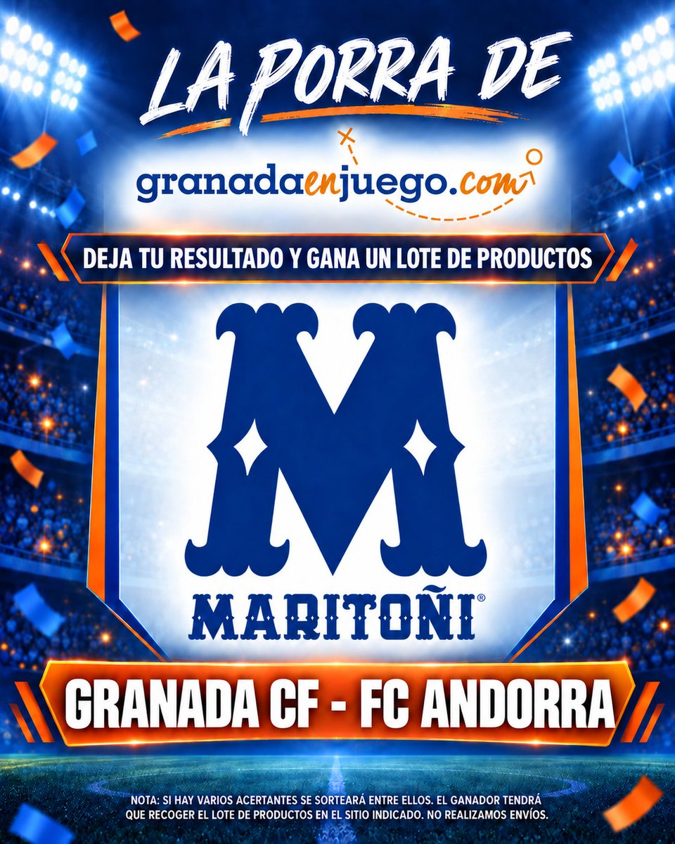 granadaenjuego's tweet photo. ⚽️ ¡NUEVA PORRA! ⚽️

🎯 Adivina el resultado del GRANADA CF 🆚 FC ANDORRA y podrás ganar un lote de productos de @Maritoni_SL.

Para participar:

👉 Deja tu pronóstico.
👉 Síguenos.
👉 Comparte o retuitea esta publicación.

🍀 ¡Mucha suerte! https://t.co/x4E1zStvQF