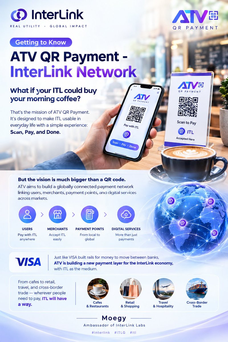 AidropDrop55053's tweet photo. Getting to Know ATV QR Payment - InterLink Network

What if your ITL could buy your morning coffee?

That's the mission of ATV QR Payment. It's designed to make ITL usable in everyday life with a simple experience: Scan, Pay, and Done.

#interlink #ITLG #itl https://t.co/k8kNEjWfi8