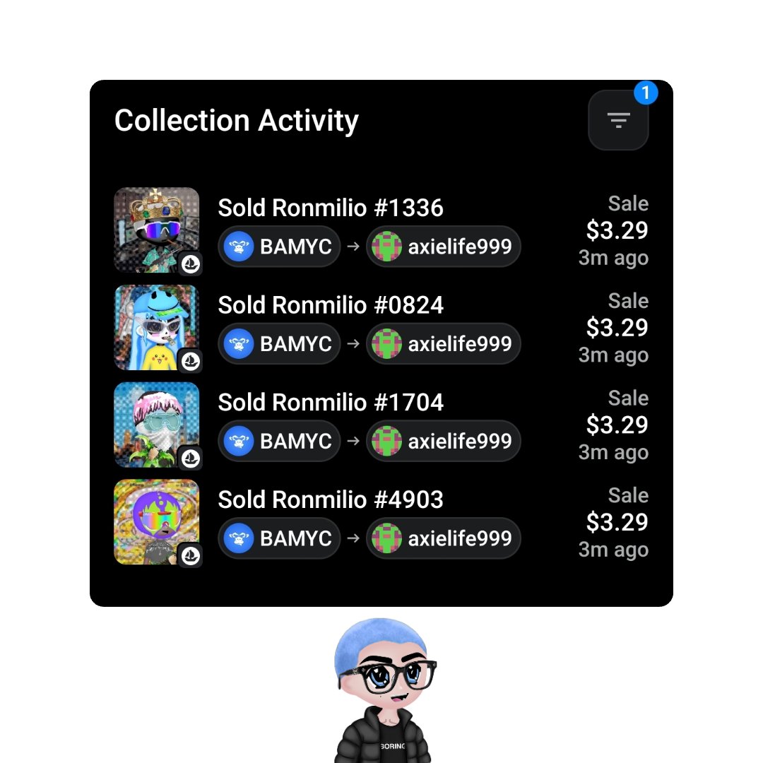 BoredApeMYC's tweet photo. Collectors are buying Ronmillio 💙

Thank you "AxieLife999" for support us https://t.co/Q0m9VFYkje