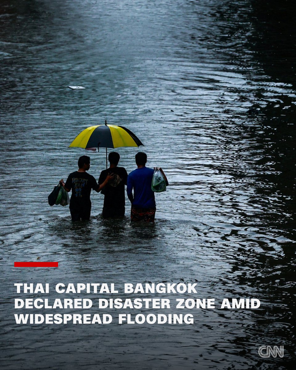 cnni's tweet photo. Bangkok's governor on Saturday declared Thailand's capital city a disaster-affected zone after torrential rain led to widespread flooding, while the weather agency forecast thunderstorms ​over the weekend. https://t.co/CdWDrs92QY https://t.co/WczHPrrgW2