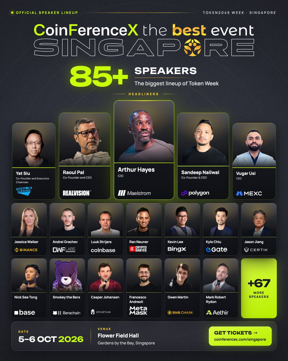 CoinFerenceX's tweet photo. The Biggest opening of #TokenWeek 🇸🇬

CoinFerenceX the Best Event Singapore
📅 5–6 Oct
📍 Flower Field Hall, Gardens by the Bay
🎤 85+ speakers

Ft. @CryptoHayes @RaoulGMI @ysiu @sandeepnailwal @usithetalk @ag_dwf &amp; more

Grab your pass 👇
https://t.co/CWeO4MxwKD https://t.co/Fo9EVk5ihi