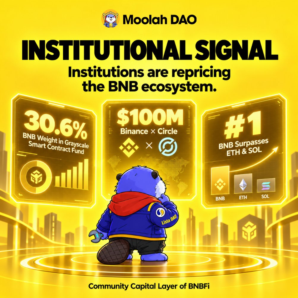Moolah_bsc's tweet photo. Institutions are repricing the BNB ecosystem.

The ecosystem Moolah is building on is now on bigger capital's radar.

And we built the structure before they arrived — Community Capital Layer, Treasury, Governance.
#MoolahDAO #BNBFi #BNB moolah:native https://t.co/Jlwjlruosk