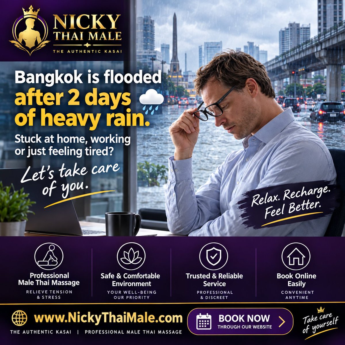 NickyThaiMale's tweet photo. 🌧️ Two days of heavy rain in Bangkok? Take a moment to slow down.

Relax. Recharge. Feel Better.
🌐 https://t.co/79mvpX3bYI
THE AUTHENTIC KASAI
Please check local weather and travel conditions before travelling to any appointment.
#NickyThaiMale #NickyKasai2000 #TheAuthenticKasai https://t.co/he7mzHNAcD