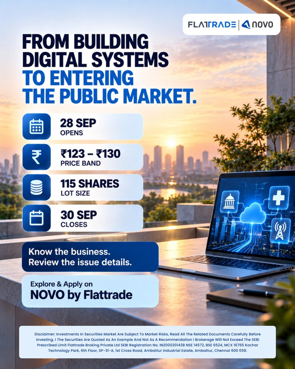 Flattradein's tweet photo. SRIT India IPO
An IT and IT-enabled services company providing digital solutions, application development and systems integration across healthcare, e-governance and telecommunications.
Apply: https://t.co/n2aGMGzlER
#SRITIndiaIPO #flattrade #novo #IPO #zerobrokerage https://t.co/YivllUArZG