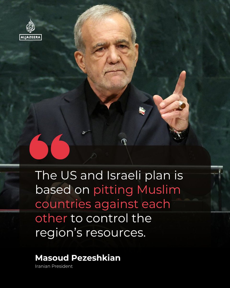 AJEnglish's tweet photo. Iranian President Masoud Pezeshkian tells Al Jazeera that Israel and the US "attacked Iran from the airspace of Muslim countries" and his country targets "US bases [in the region] because operations against Iran are launched from them."

🔴 LIVE updates: https://t.co/F1ymW2IgOn https://t.co/Z9k6JcKuFo