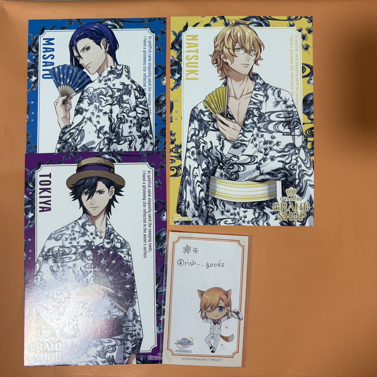 rish__goods's tweet photo. 【交換 譲渡】うたプリ グラショ
YUKATA-MODE 夏祭り

(譲)
おなまえアクリルバッジ：嶺二 蘭丸
おみくじ：セシル★
特典：真斗 那月 トキヤ

(求)
バッジ：同種レン
他：同異種レン or定価(特典300円/枚)(+送料)

都内手渡しor郵送
★含むお取引のみ https://t.co/F2Ce6sLxeE