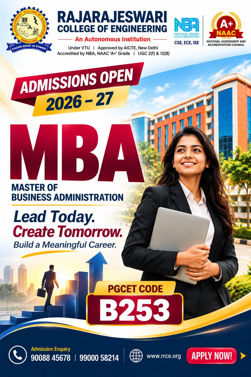rrceblr's tweet photo. ππ #ADMISSIONS_OPEN_2026_27 | #MBA at #RRCE! πΌβ¨ Build #LeadershipSkills, management knowledge & #CareerReady skills. π NAAC A+ | NBA Accredited Programs | PGCET Code: B253. π Shape your future! #MBAAdmissions #Bengaluru #FutureLeaders https://t.co/cDQTGx5n0Y