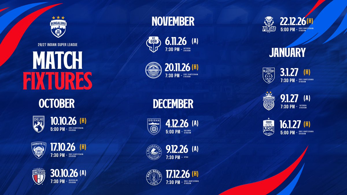 bengalurufc's tweet photo. 🚨 𝙒𝙀’𝙍𝙀 𝘽𝘼𝘾𝙆, ಬೆಂಗಳೂರು! 🚨

Our fixtures for the #ISL13 have officially dropped ✅ 

10th October. 5 pm. Kanteerava. See you there 👋

#WeAreBFC https://t.co/ngdSPu3MA9