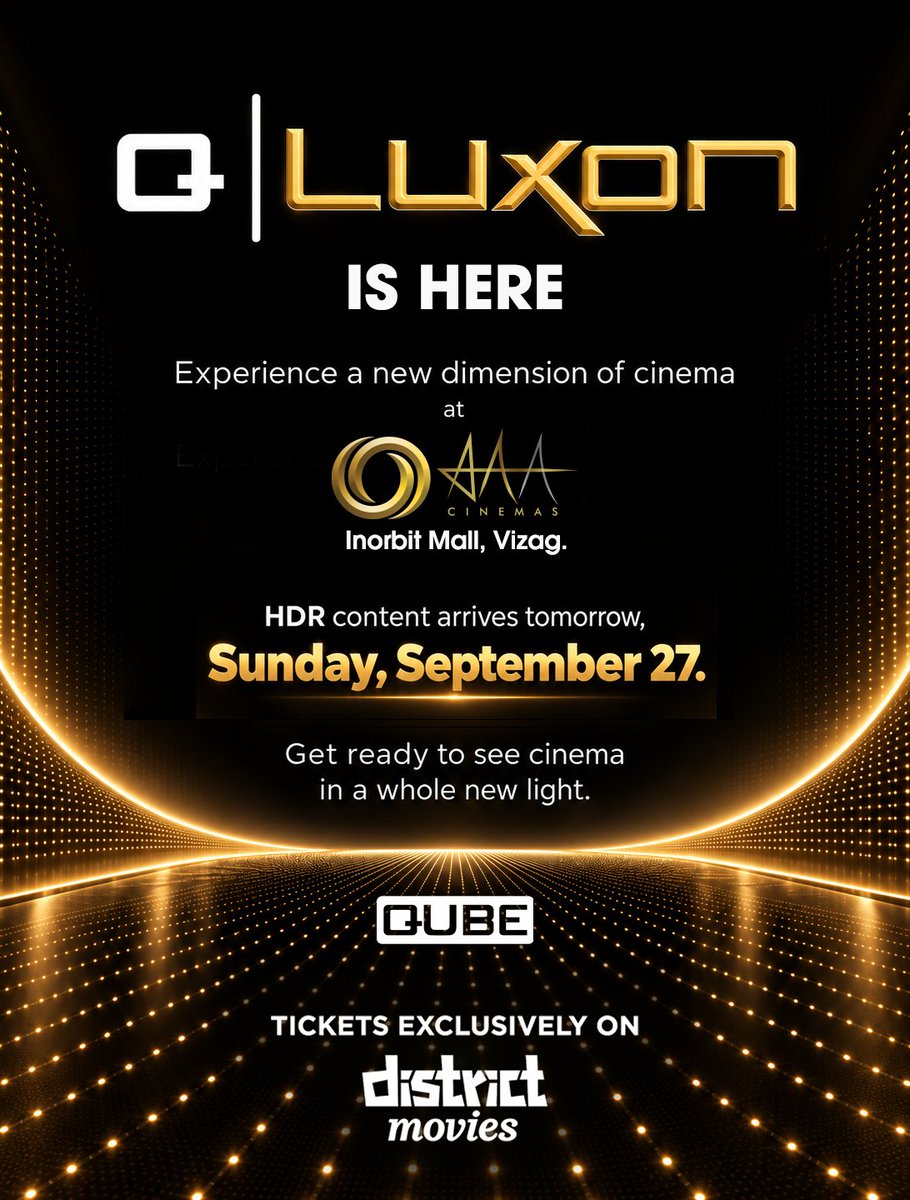 epiqcinema's tweet photo. A new dimension of cinema is here.
With a next-generation LED cinema experience and HDR content arriving September 27 at @aaacinemasoffl, Vizag, get ready to see cinema in a whole new light.
#QLuxon #EPIQCinema #AAACinemas #Vizag #QubeCinema https://t.co/jHHpL4v95a