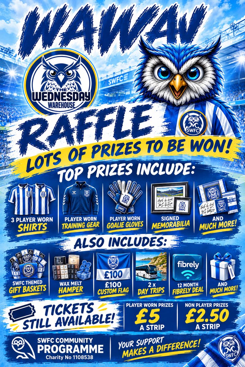 WAWAW_FBGROUP's tweet photo. Last day to get your tickets guys. We will draw this tomorrow on our fb group and all winners will be posted on all our socials. Pop me a message 💙🦉
@TWWcast @wedwarehouse1 @punkchef41 @TekkyTommy @domhowson @MaxxDoggSWFC @SWFCCP https://t.co/HHNGY4OWnA