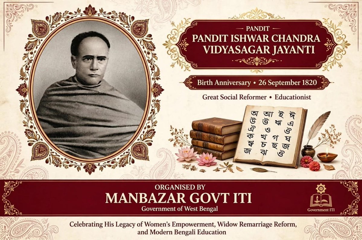 GManbazar's tweet photo. _"Remembering Pandit Ishwar Chandra Vidyasagar on his Birth Anniversary - 26th September 1820. Great Social Reformer &amp; Father of Modern Bengali Education. Tribute from Manbazar Govt ITI, Govt of West Bengal."_ https://t.co/56s8ethRkv