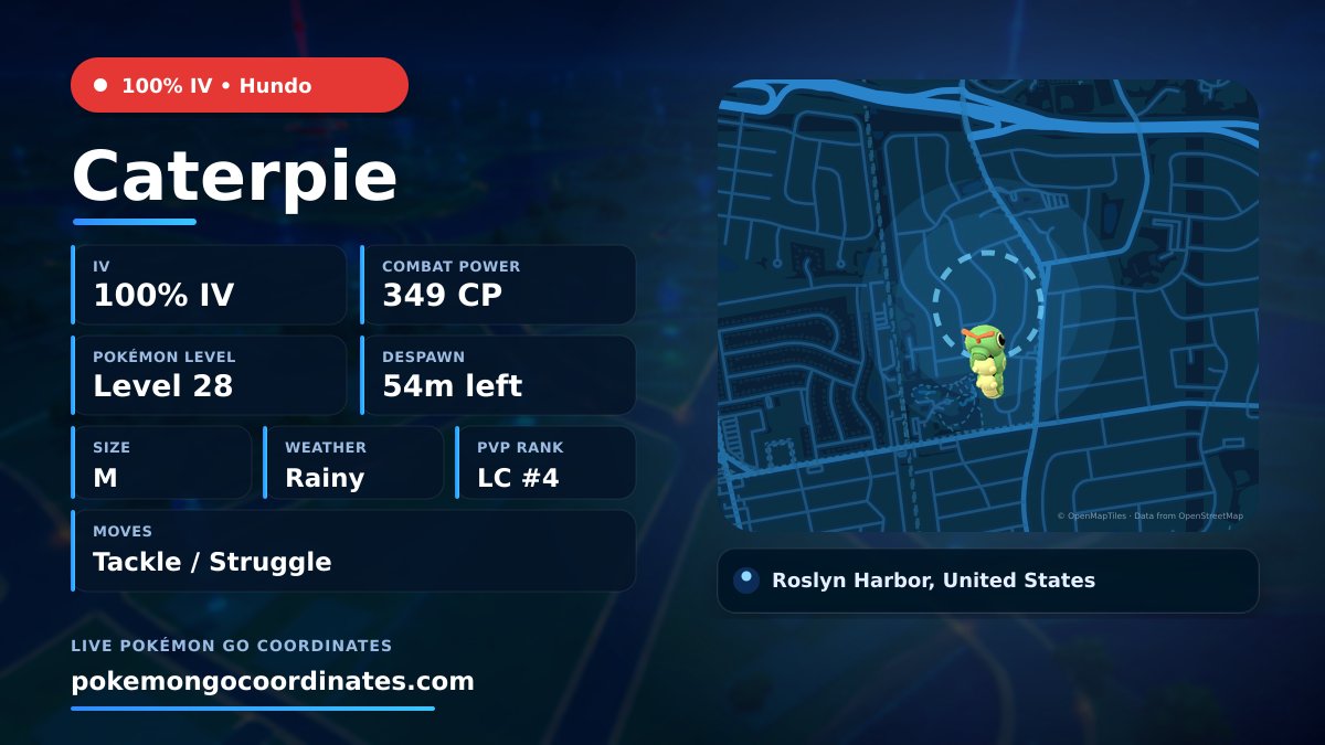 CoordsPokemonGo's tweet photo. #Caterpie Wild Spawns
π―% IV β’ 349 CP β’ Level 28
Despawns in 54m
π 40.775153,-73.638398
#Shundo β’ #ShinyCheck https://t.co/yJdgArxzCb