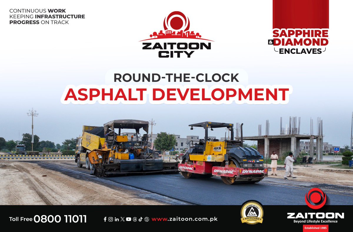 ZaitoonCity1's tweet photo. Continuous work keeping infrastructure progress on track at Zaitoon City (Sapphire &amp; Diamond Enclaves) with round-the-clock asphalt development.

#ZaitoonCity #SapphireAndDiamondEnclaves #AsphaltDevelopment #InfrastructureProgress #RealEstatePakistan #ContinuousWork #Zaitoon https://t.co/ijSbIdedN8