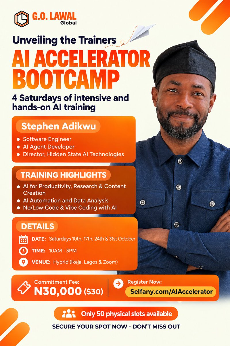 iamGOLawal's tweet photo. STEPHEN ADIKWU WILL BE TRAINING YOU 🫵 AT AI ACCELERATOR BOOTCAMP
• Software Engineer
• AI Agent Developer
• Director, Hidden State AI Technologies

He will be training you on AI AUTOMATION
- How to build practical multi-step workflows that connect several tools and automate. https://t.co/HWT2n7zX6A