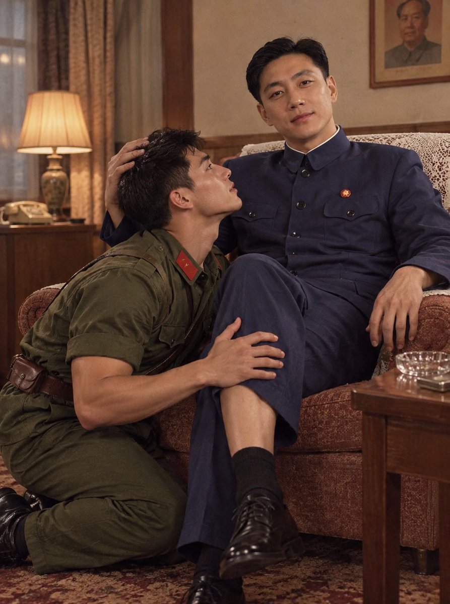 H19990503L's tweet photo. 阳刚帅气的红卫兵小将跪在王洪文副主席身前，双膝陷进厚实的地毯里。他身材挺拔、肩宽腰窄，军装衬衫被汗水微微浸透，贴在结实的胸膛和腹肌上，露出一截结实有力的小臂。那张英气逼人的脸上此刻满是潮红，眼神又湿又热，死死盯着副主席的腿。
他伸出手，掌心滚烫，轻轻覆上王洪文结实的大腿。
#王洪文 https://t.co/Tr417oxiDs