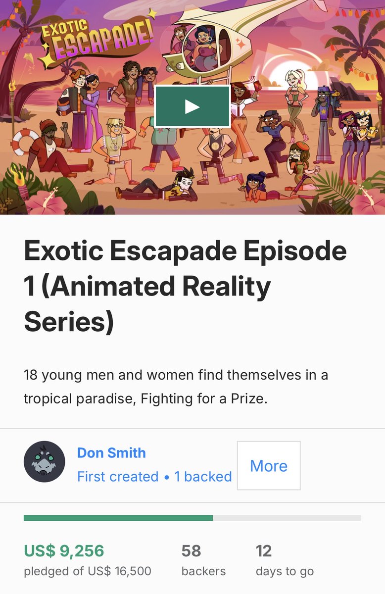 ExoticEscapade's tweet photo. Do you love indie animation? 💖

The #ExoticEscapade Kickstarter is currently 56% funded! with only 12 days left to go! 🌴🌟 Help us reach our goal so we can bring you this ONE HOUR LONG episode of chaos! 💫🔥🛟

🔗 https://t.co/aHM466qgY0

#eetwt #indieanimation #kickstarter https://t.co/75GPT8sN3G