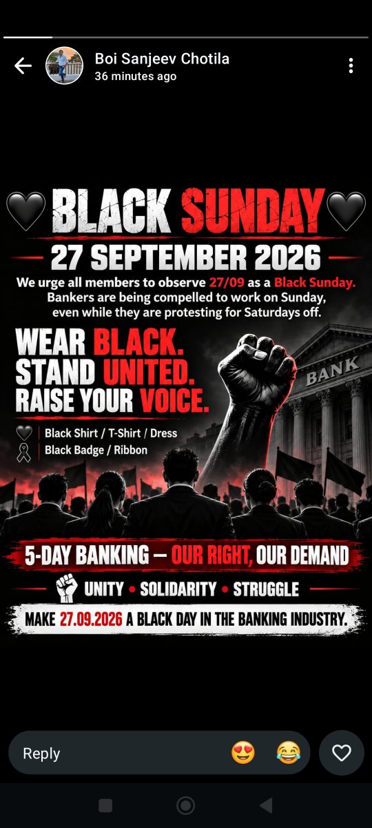 BOIOA_DELHIUNIT's tweet photo. When Saturday off is denied, making us work on Sunday is unjustified.

 *Observe Black Sunday – 27.09.2026* 

Work to Live, Not Live to Work. 

 *Respect Bankers' Work-Life Balance.* https://t.co/SzC7jurMog