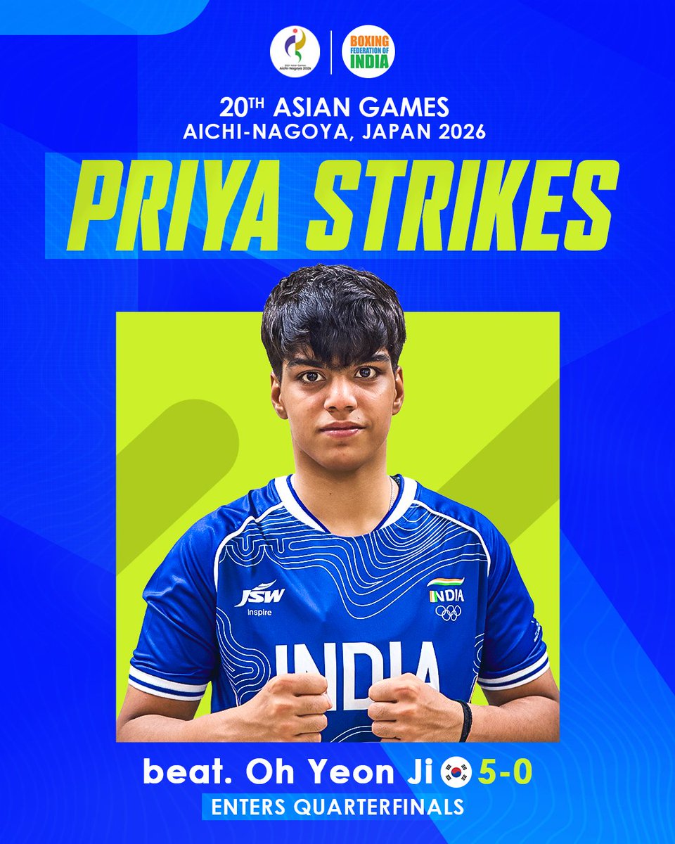 BFI_official's tweet photo. Quarterfinals berth booked ✅

Priya defeated South Korea's Oh Yeon Ji 5-0 to seal her spot in the quarterfinals at the 2026 Asian Games. 

#IndianBoxing #AsianGames2026 https://t.co/VW0xZ0em79