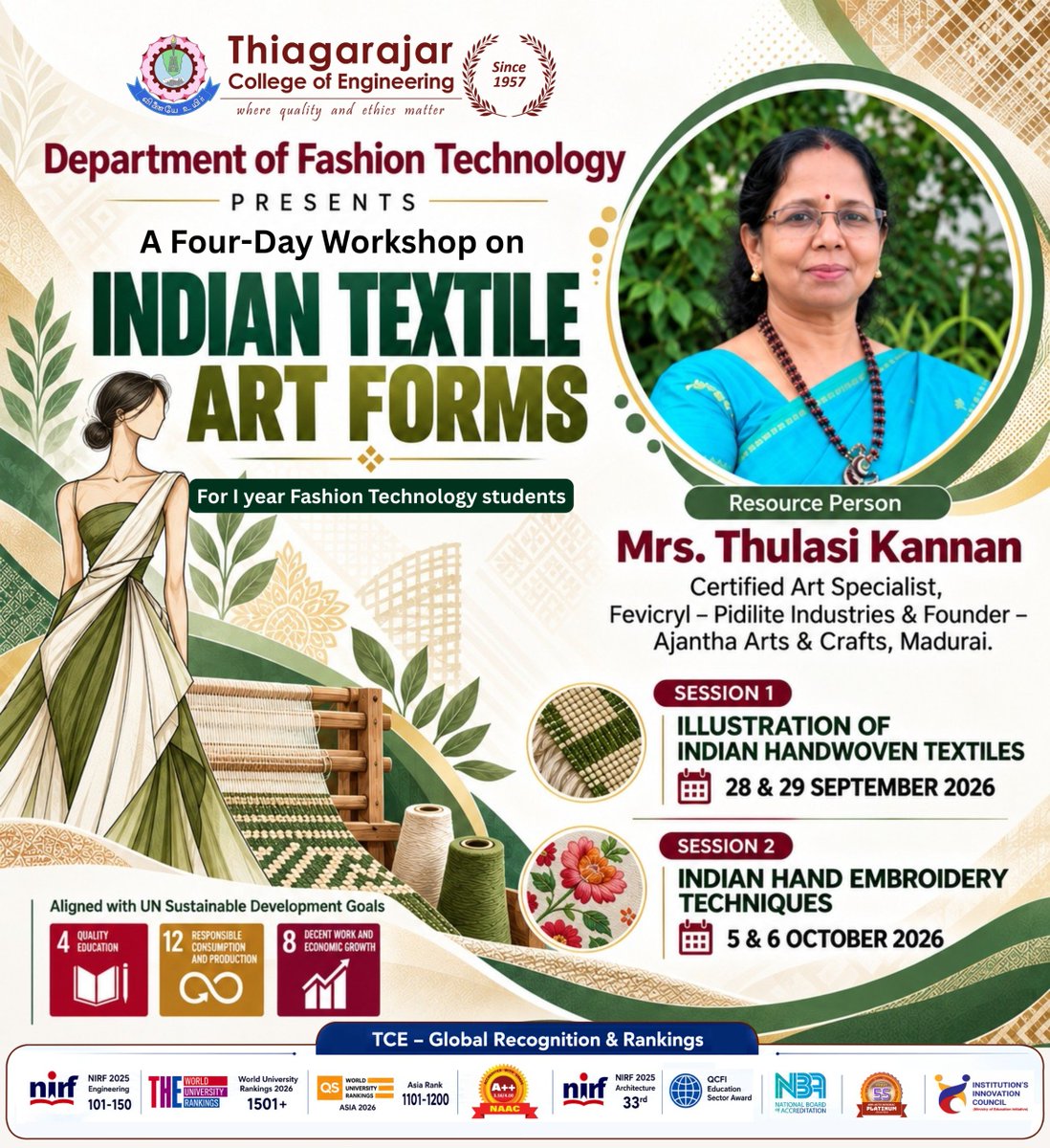 tceofficialpage's tweet photo. 🧵✨ Celebrating India’s Textile Heritage! 🇮🇳 TCE’s Fashion Technology Dept. presents a 4-day workshop on Indian Textile Art Forms—exploring handwoven textiles & embroidery. 🪡🌿 #TCE #FashionTechnology #IndianTextiles #Handloom #TextileArt https://t.co/TiMGI9z7Rm