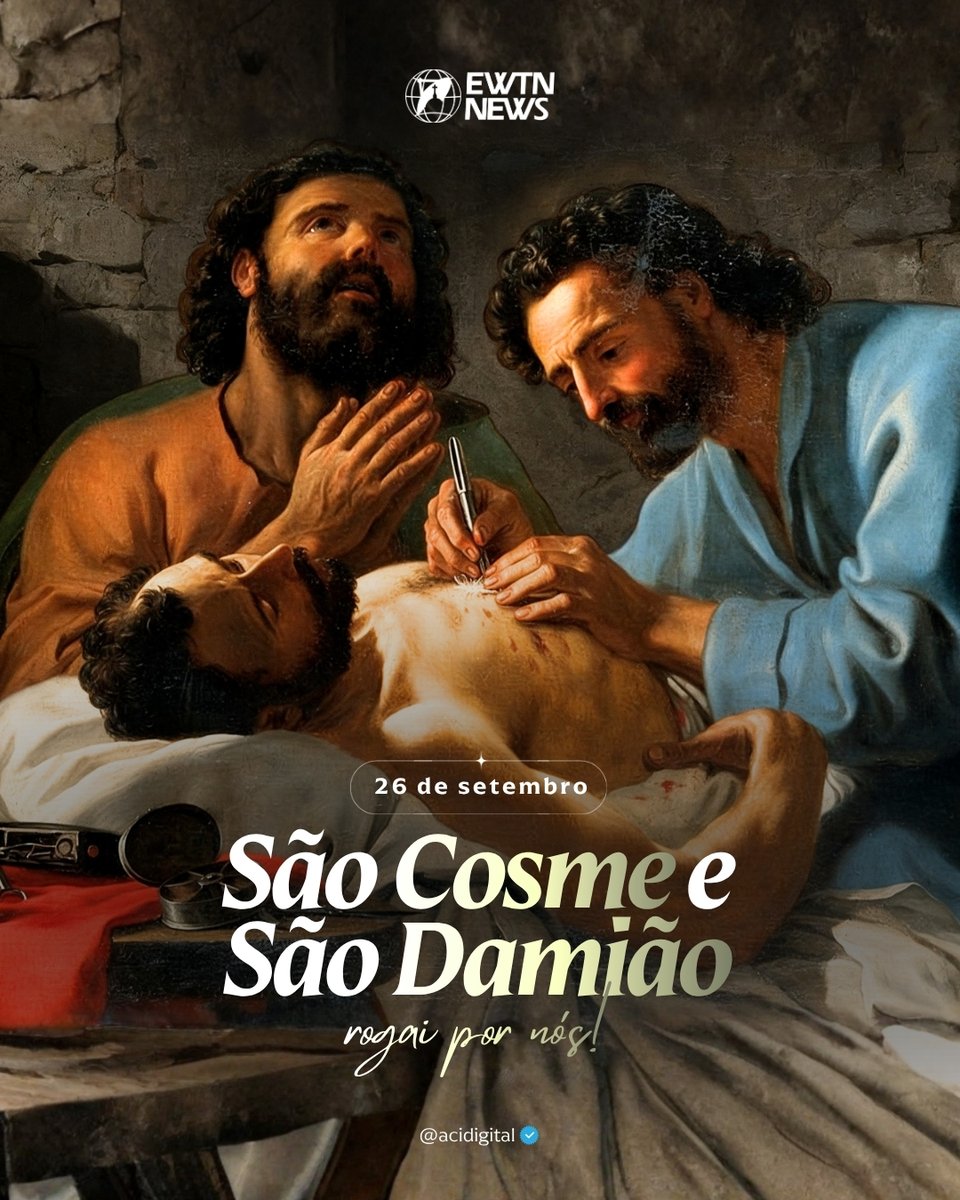 acidigital's tweet photo. Hoje (26), a Igreja celebra os mártires Cosme e Damião, irmãos gêmeos que, junto com são Lucas, são os padroeiros dos médicos católicos.

No Oriente, são chamados “os não cobradores”, porque exerciam a medicina sem cobrar nada aos pacientes pobres. A única coisa que pediam aos pacientes era que lhes permitissem falar por alguns minutos a respeito de Jesus Cristo e de seu Evangelho.

Lisias, o governador de Cilícia, desgostou-se muito porque estes dois irmãos propagavam efetivamente o cristianismo. Tentou inutilmente que deixassem de pregar e, como não conseguiu, mandou atirá-los ao mar. Mas, uma onda gigantesca os levou sãs e salvos à margem.

Então, o governador mandou que fossem queimados vivos, mas as chamas não os tocaram e, em troca, queimaram aos verdugos pagãos que queriam atormentá-los. O mandatário pagão mandou que lhes cortassem a cabeça. Finalmente, derramaram seu sangue por proclamar o amor ao Divino Salvador.

Junto ao túmulo dos dois irmãos gêmeos começou a realizar-se milagrosas curas. O imperador Justiniano de Constantinopla, padecendo de uma grave enfermidade, encomendou-se a estes dois santos mártires e foi curado inexplicavelmente.

São Cosme e Damião também são padroeiros dos cirurgiões, farmacêuticos, dentistas e faculdades de medicina.

São Cosme e são Damião, rogai por nós! 🙏

📌 Siga @acidigital para mais conteúdo católico.
