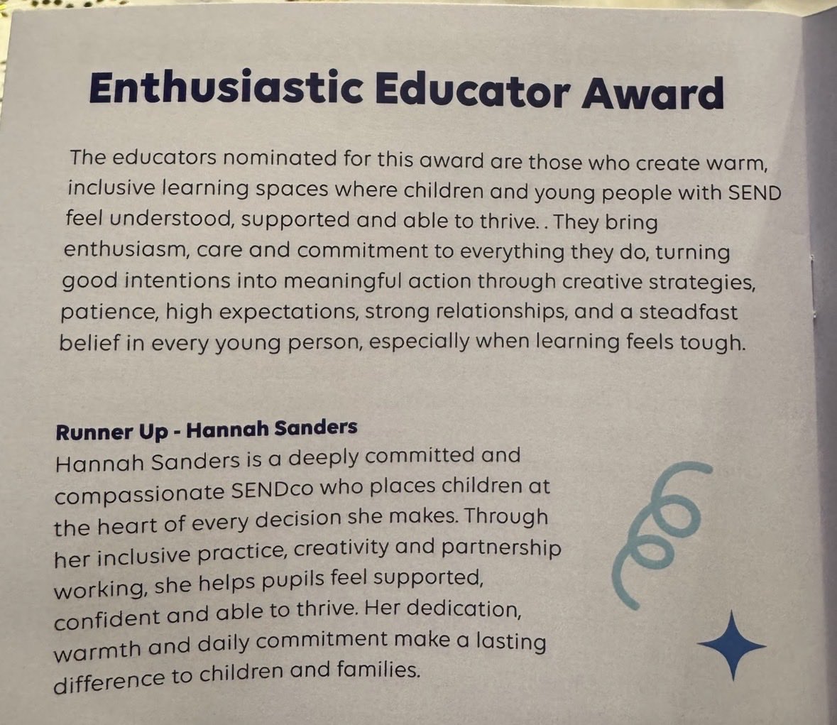 TrinityAcadStE's tweet photo. Huge congratulations to our SENDCo, Miss Sanders who was nominated for an award at last nightโs Barnsley SEND awards. Thoroughly well deserved for all the amazing work she does with our children and families. https://t.co/HDX3flz7HW