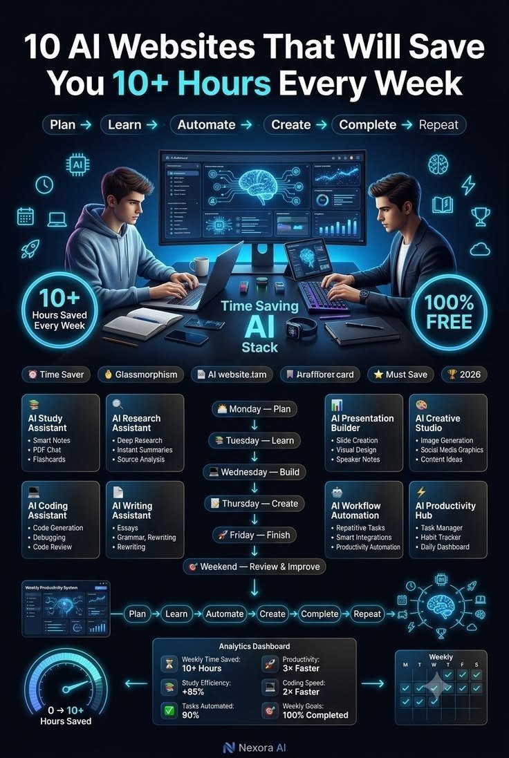 AIUpdatesX's tweet photo. 👀 What if you could get back **10+ hours every week**?

These 10 AI websites can help you plan, learn, automate, create, and get more done — without spending a dime. ⚡

**Save this list. Your future self will thank you. 🔖**

Which one would you try first? 👇 https://t.co/OZaXEt9DkO