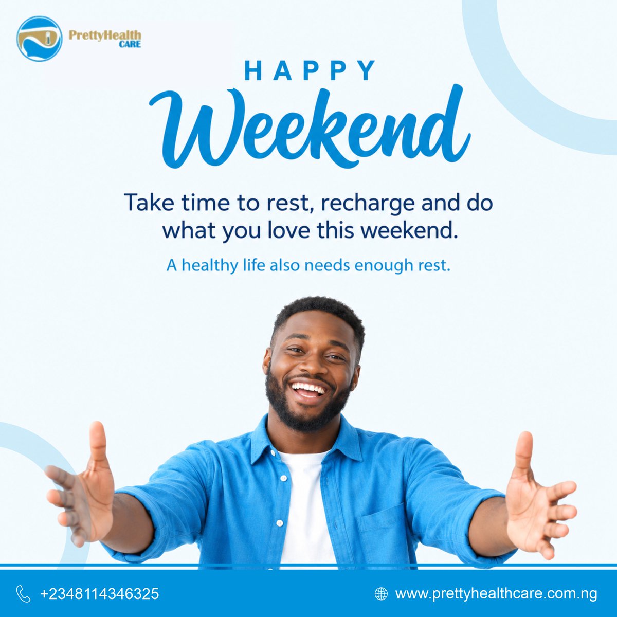 Prettyhealth_'s tweet photo. 💙 Happy Weekend!
Rest, recharge, enjoy the little things, and take care of yourself. Because rest is part of a healthy life.

#HappyWeekend #PreventiveHealth #HealthyLiving #PrettyHealthcare https://t.co/JvAGyvlCfB