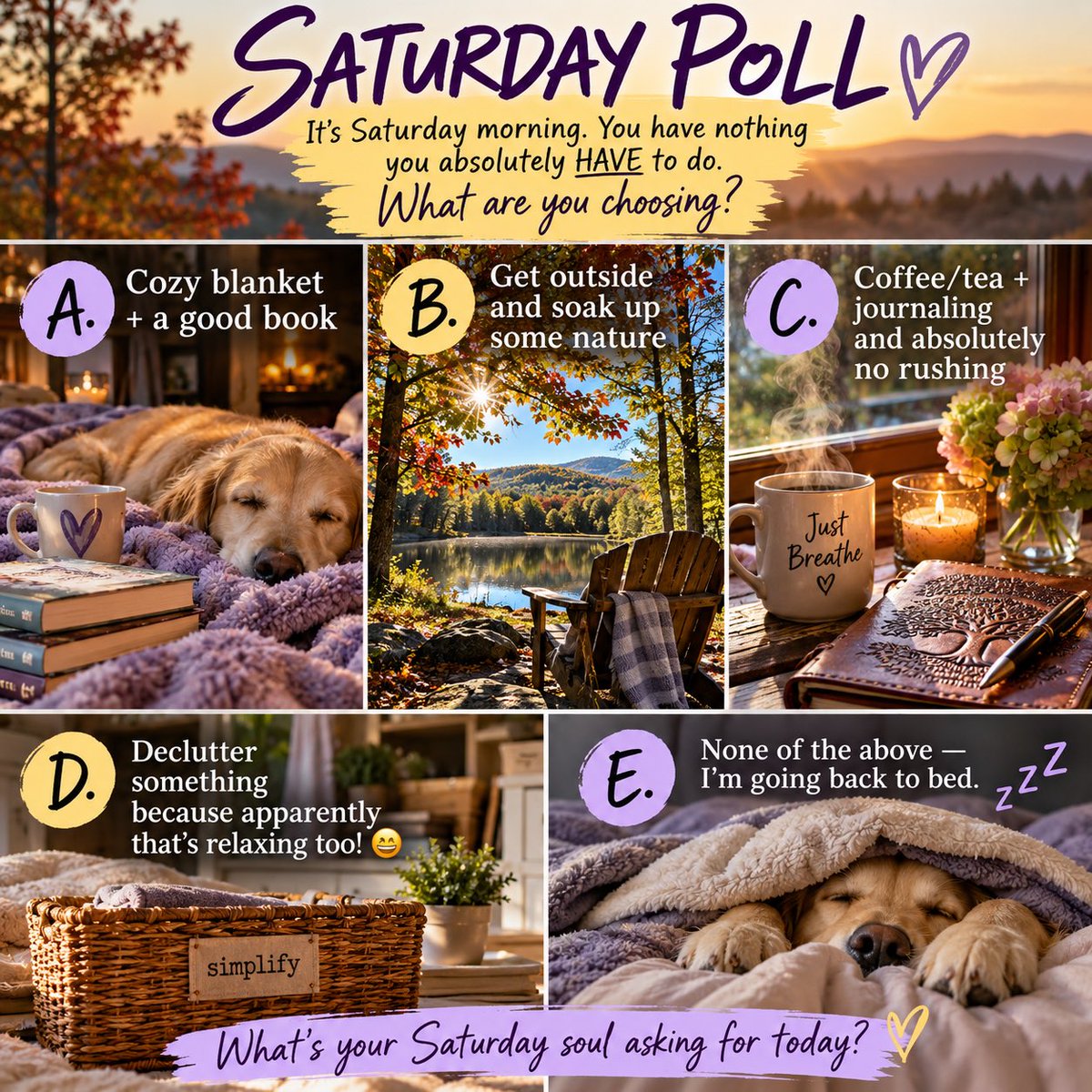 crystalconcepts's tweet photo. Saturday reminder: There’s nothing you absolutely HAVE to do today. 💜

Try the three R’s:
✨ Rest
✨ Relax
✨ Renew

Your body, mind &amp; soul will thank you.

Have a sweet Saturday! 💜

#SaturdayVibes #Mindfulness https://t.co/rEaphVToEo