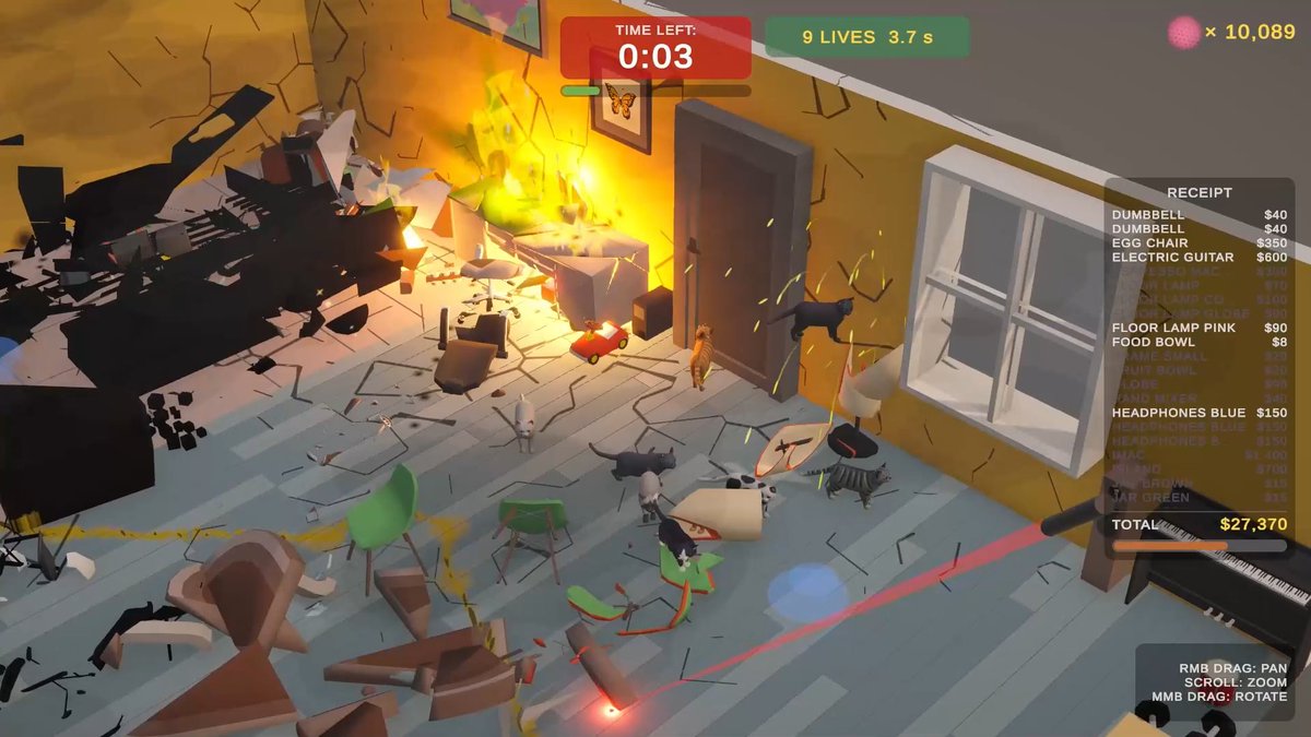 corbygames's tweet photo. @vibeyourgames Not releasing next week, but our Steam page went up this week. 9 LIVES with three seconds left: nine cats, one laser pointer, and $27,370 on the owner's receipt. https://t.co/49rR8iEOao https://t.co/ilohL3PJ54