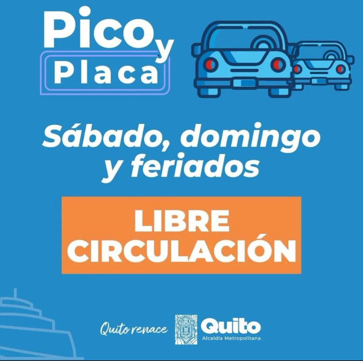 AMT_Quito's tweet photo. 💁 #AMTInforma | Recuerda que sábado, domingo y feriado existe libre movilidad en Quito. 

🚦Respeta las normas de tránsito y  evita sanciones. 

🚘 Con cultura vial 
☀️ #QuitoRenace https://t.co/OoKOnTkTdc