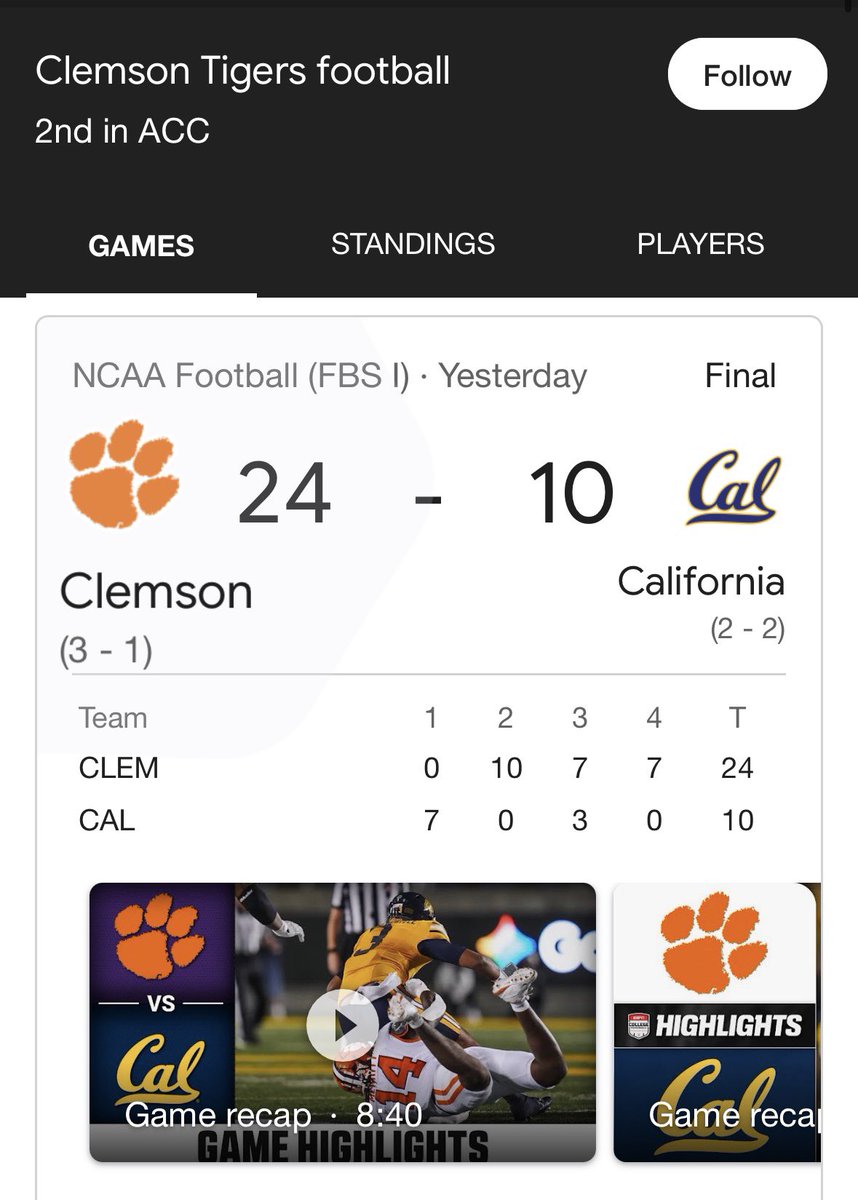 BadFoxGraphics's tweet photo. 2/ “In the great ACC battle that is Clemson and California, this will be a fun Friday night battle in Berkeley. I’m betting both offenses get into a rhythm…Who wins? Who cares, the over cashes.” –@ClayTravis betting WRONG

Clemson  24 🏈
California 10
Over 50.5 ❌

#FadeClay 🐅 https://t.co/GEv1vOsohW