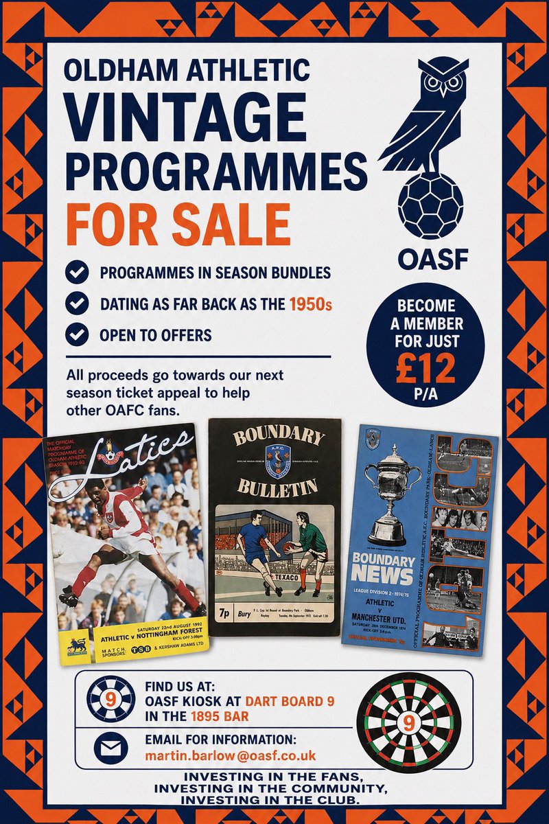_OASF's tweet photo. We’ll have some vintage #oafc programmes for sale in the 1895 bar before today’s game. Programmes date from the 1950s to 93/94 and come in full season bundles. If you’re interested in a particular season, please email martin.barlow@oasf.co.uk before 2pm. https://t.co/TqCaJBzG7e